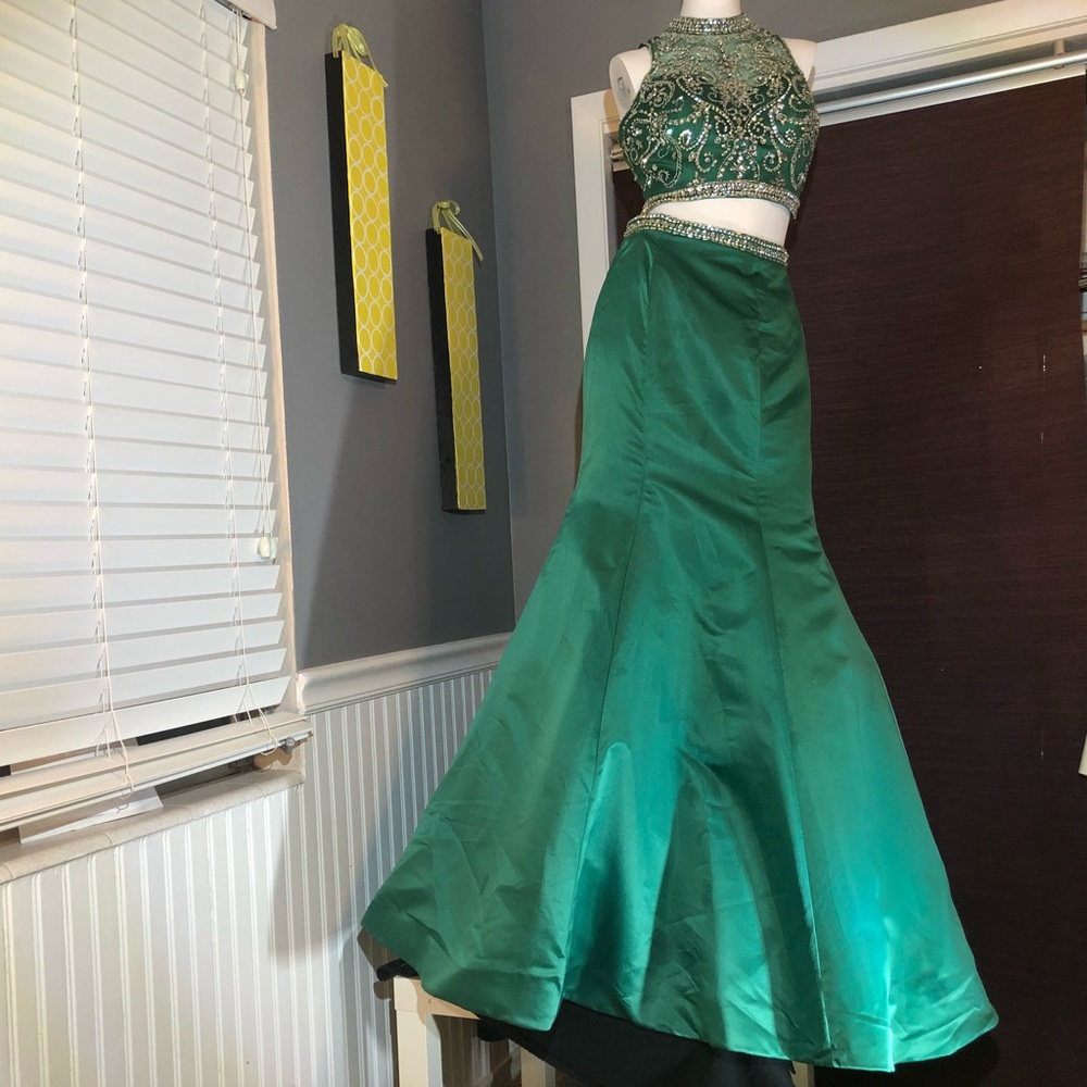 Rachel Allan Emerald Green Two-Piece Beaded Prom Dress